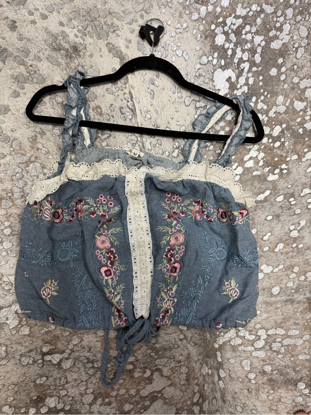 POL Blue Embroidered Lace-Trim Cami with Tie Front